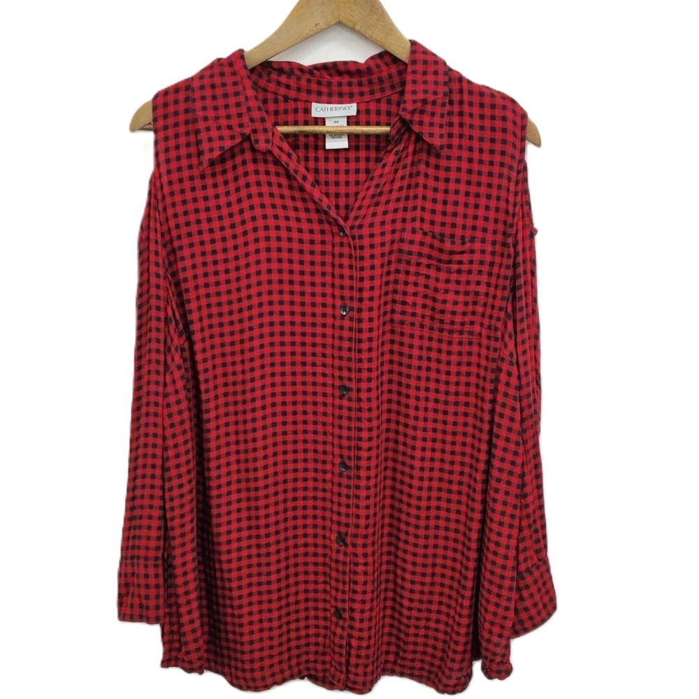 Catherines Womens 0X Red Black Plaid Cold‎ Shoulder Button Up Grunge Fall Blouse